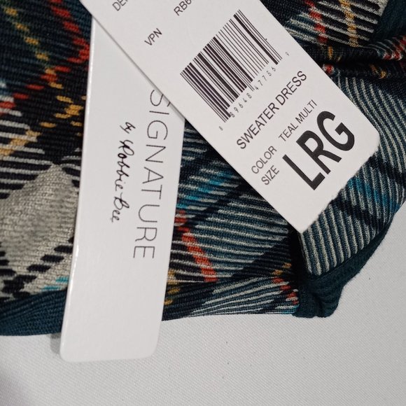 Robbie Bee Signature Sweater Dress Wm Lg Teal Plaid Cowl Turtleneck 3/4 Sleeve - Picture 11 of 12